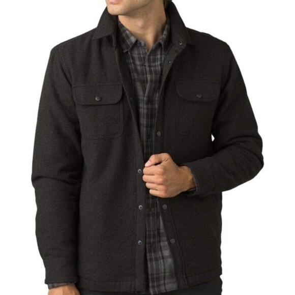 prAna Dock Jacket Organic Cotton Flannel Button Down Chest Pockets Black Large - Picture 1 of 7